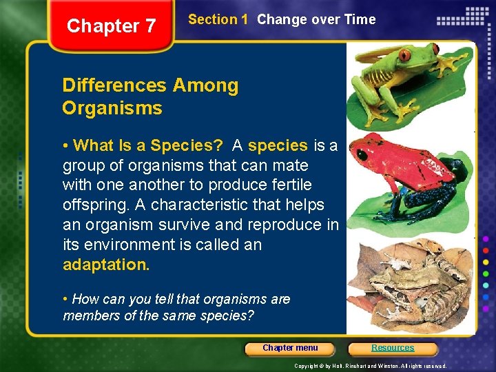 Chapter 7 Section 1 Change over Time Differences Among Organisms • What Is a