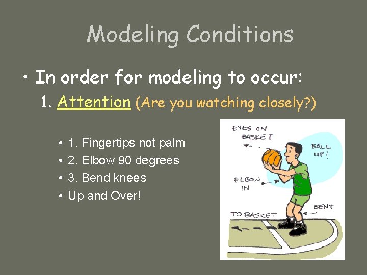 Modeling Conditions • In order for modeling to occur: 1. Attention (Are you watching