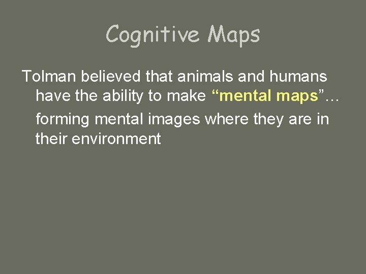 Cognitive Maps Tolman believed that animals and humans have the ability to make “mental