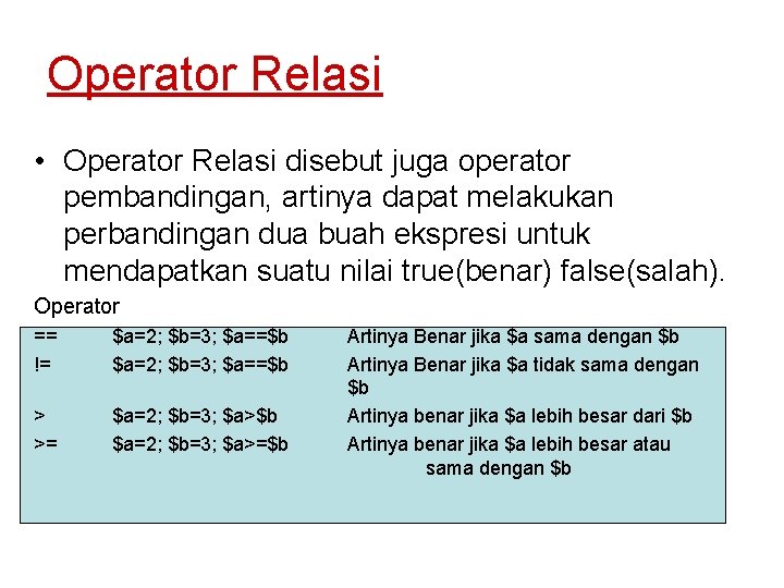 Operator Relasi • Operator Relasi disebut juga operator pembandingan, artinya dapat melakukan perbandingan dua