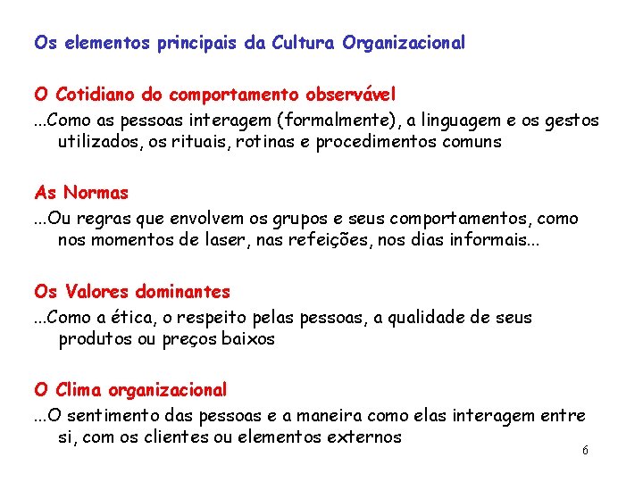 Os elementos principais da Cultura Organizacional O Cotidiano do comportamento observável. . . Como