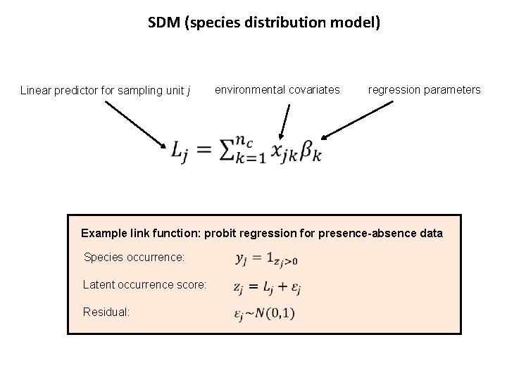 SDM (species distribution model) Linear predictor for sampling unit j environmental covariates regression parameters