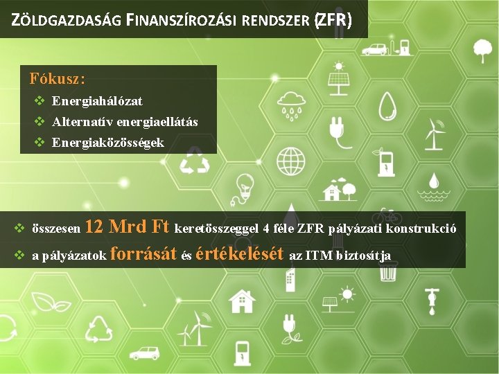 ZÖLDGAZDASÁG FINANSZÍROZÁSI RENDSZER (ZFR) Fókusz: v Energiahálózat v Alternatív energiaellátás v Energiaközösségek v összesen