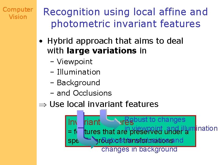 Computer Vision Recognition using local affine and photometric invariant features • Hybrid approach that