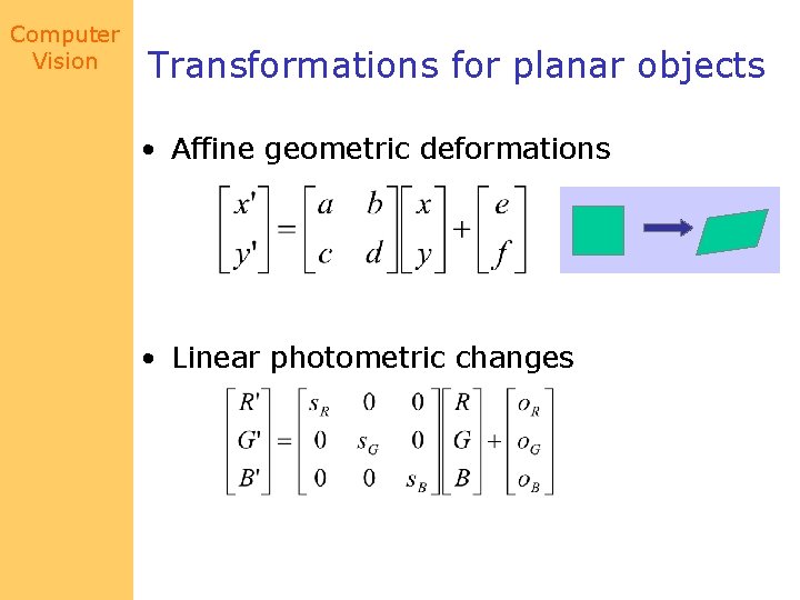 Computer Vision Transformations for planar objects • Affine geometric deformations • Linear photometric changes