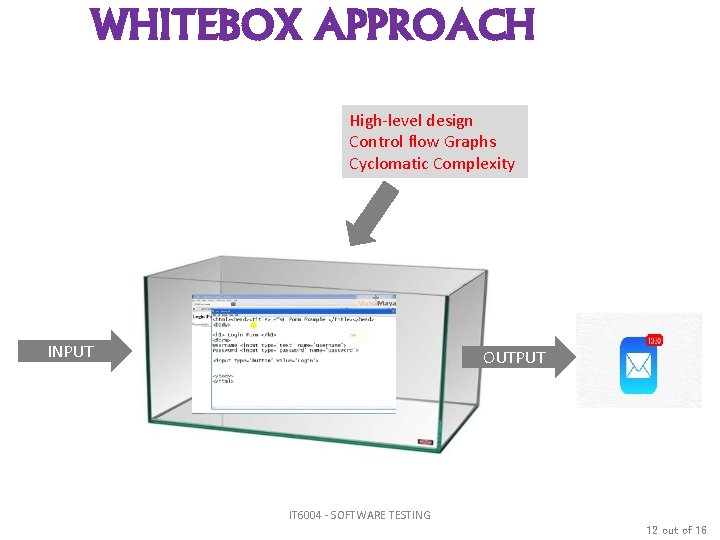 WHITEBOX APPROACH High-level design Control flow Graphs Cyclomatic Complexity INPUT OUTPUT IT 6004 -