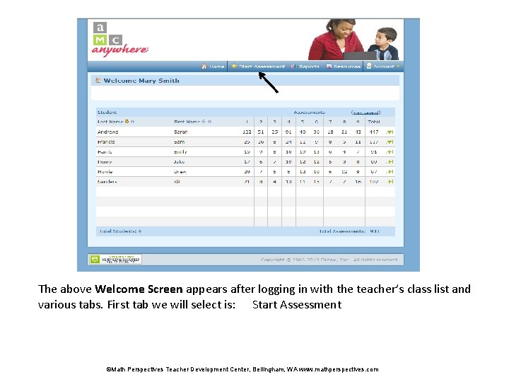 The above Welcome Screen appears after logging in with the teacher’s class list and