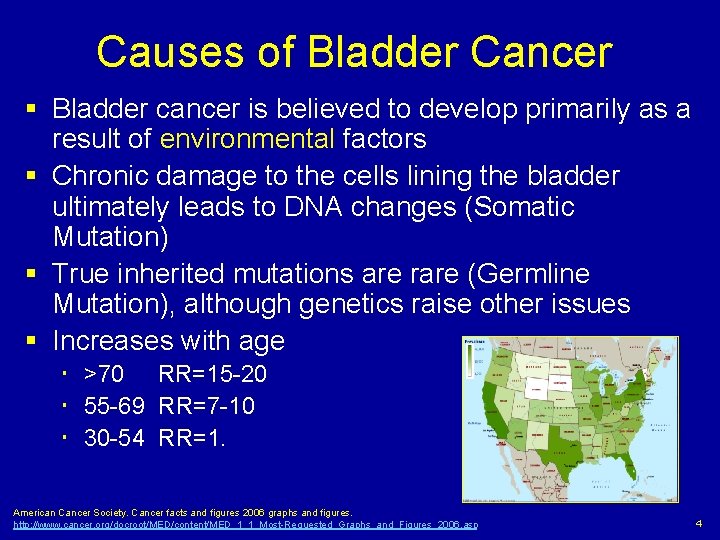 Causes of Bladder Cancer § Bladder cancer is believed to develop primarily as a