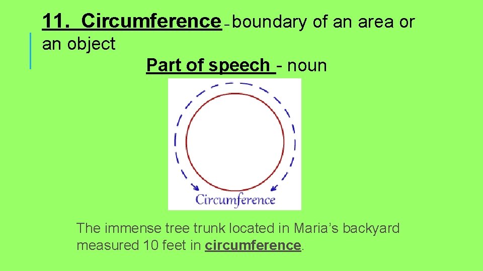 11. Circumference – boundary of an area or an object Part of speech -