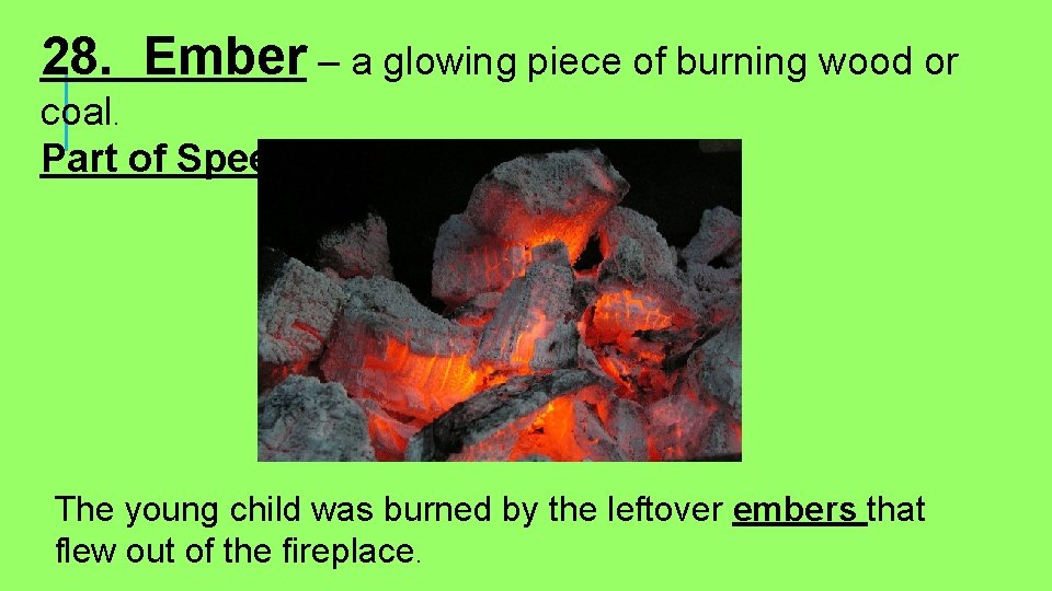 28. Ember – a glowing piece of burning wood or coal. Part of Speech