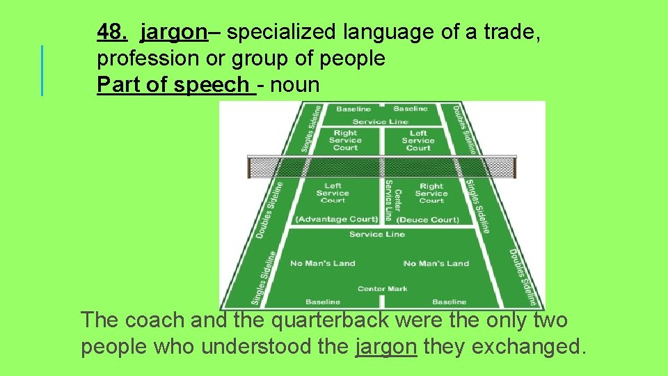 48. jargon– specialized language of a trade, profession or group of people Part of