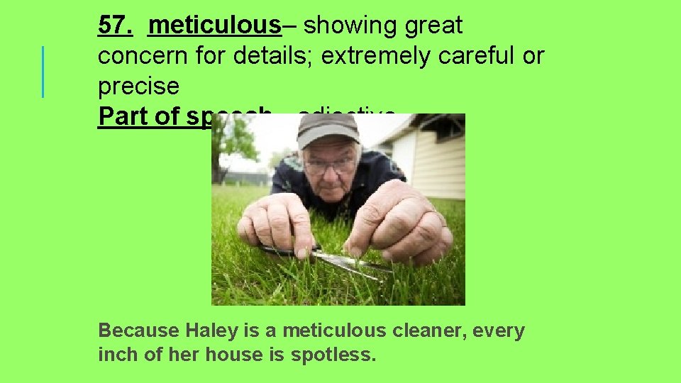 57. meticulous– showing great concern for details; extremely careful or precise Part of speech