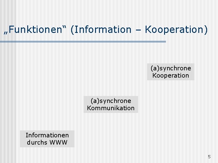 „Funktionen“ (Information – Kooperation) (a)synchrone Kooperation (a)synchrone Kommunikation Informationen durchs WWW 5 