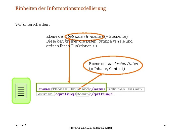 Einheiten der Informationsmodellierung Wir unterscheiden. . . Ebene der abstrakten Einheiten (= Elemente): Diese