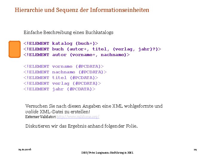 Hierarchie und Sequenz der Informationseinheiten Einfache Beschreibung eines Buchkatalogs <!ELEMENT katalog (buch+)> <!ELEMENT buch