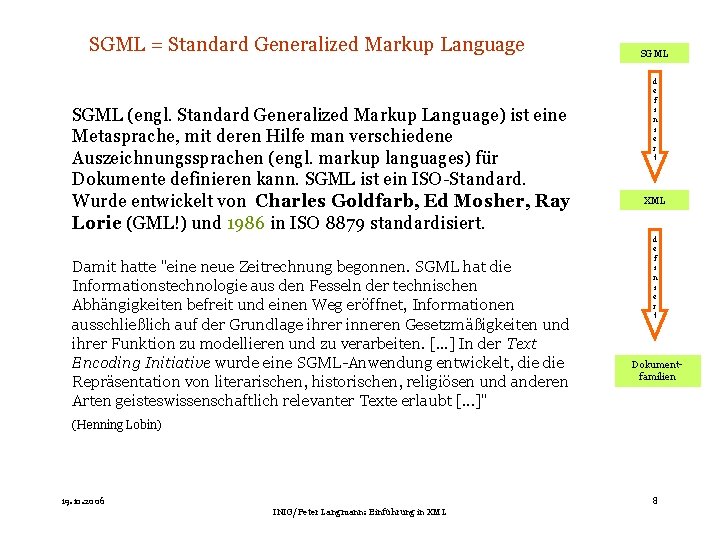 SGML = Standard Generalized Markup Language SGML (engl. Standard Generalized Markup Language) ist eine