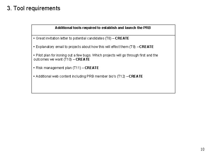 3. Tool requirements Additional tools required to establish and launch the PRB • Great