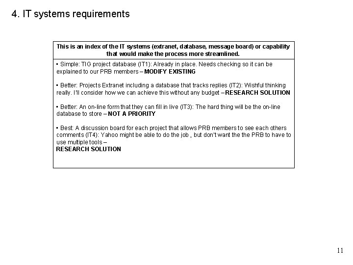 4. IT systems requirements This is an index of the IT systems (extranet, database,