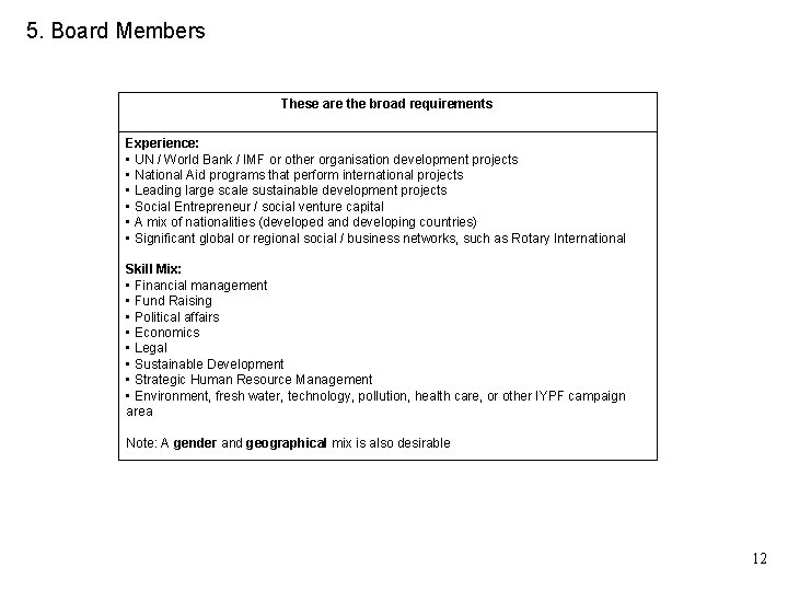 5. Board Members These are the broad requirements Experience: • UN / World Bank