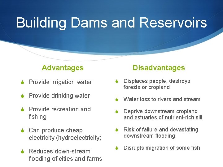 Building Dams and Reservoirs Advantages S Provide irrigation water S Provide drinking water S
