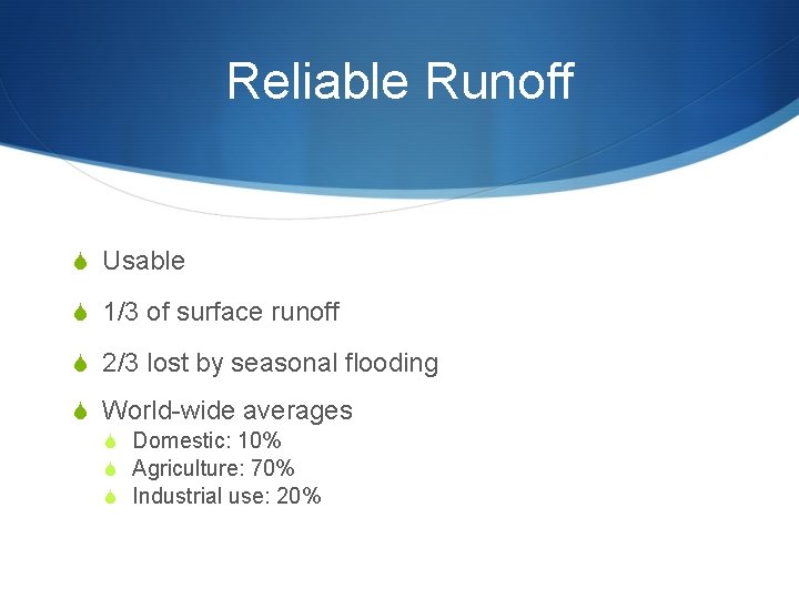 Reliable Runoff S Usable S 1/3 of surface runoff S 2/3 lost by seasonal