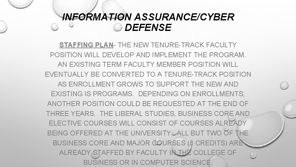 INFORMATION ASSURANCE/CYBER DEFENSE STAFFING PLAN- THE NEW TENURE-TRACK FACULTY POSITION WILL DEVELOP AND IMPLEMENT