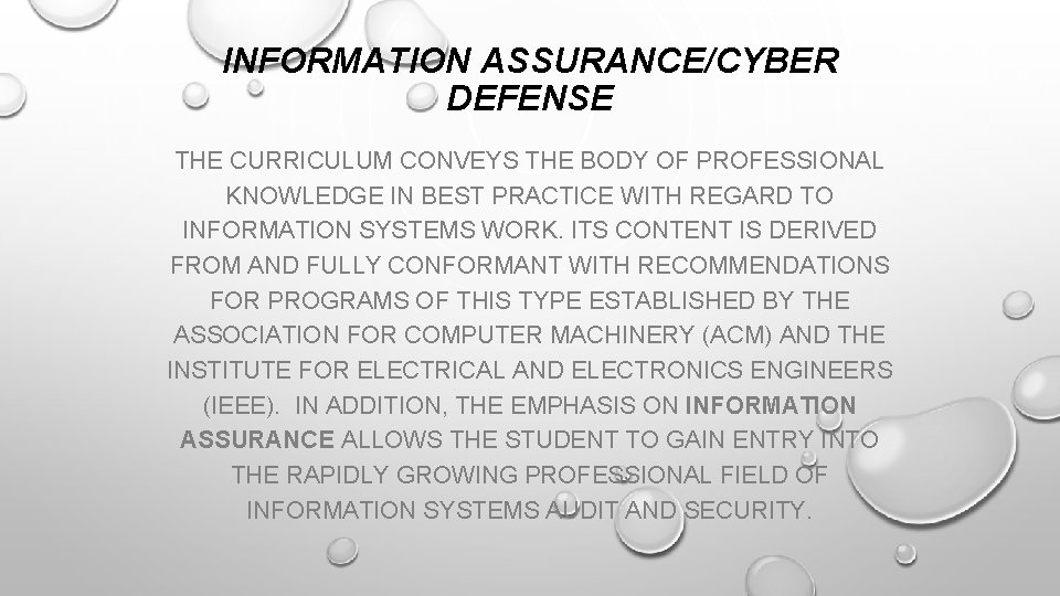 INFORMATION ASSURANCE/CYBER DEFENSE THE CURRICULUM CONVEYS THE BODY OF PROFESSIONAL KNOWLEDGE IN BEST PRACTICE