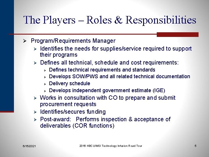 The Players – Roles & Responsibilities Ø Program/Requirements Manager Ø Ø Identifies the needs