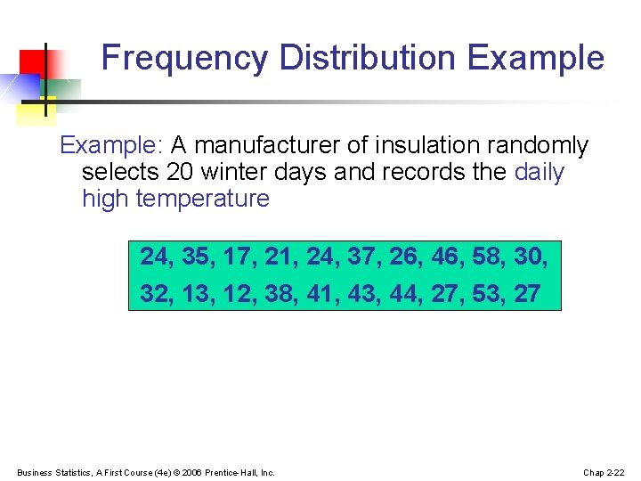 Frequency Distribution Example: A manufacturer of insulation randomly selects 20 winter days and records