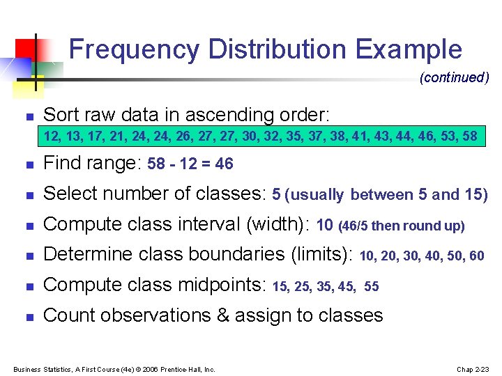 Frequency Distribution Example (continued) n Sort raw data in ascending order: 12, 13, 17,
