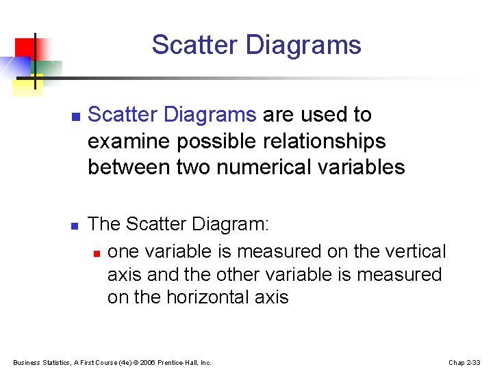 Scatter Diagrams n n Scatter Diagrams are used to examine possible relationships between two