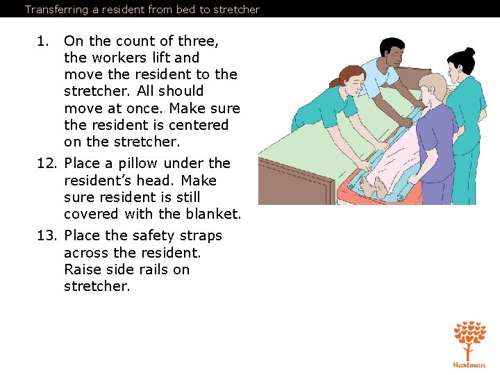Transferring a resident from bed to stretcher 1. On the count of three, the Transferring a resident from bed to stretcher 1. On the count of three, the