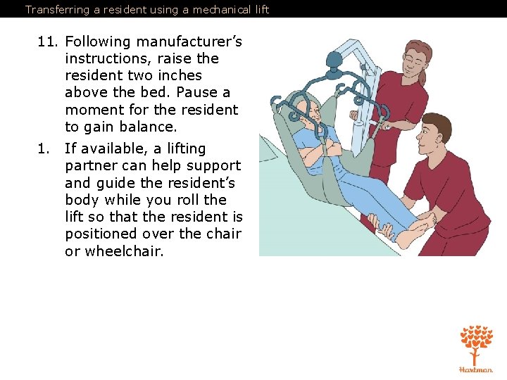 Transferring a resident using a mechanical lift 11. Following manufacturer’s instructions, raise the resident