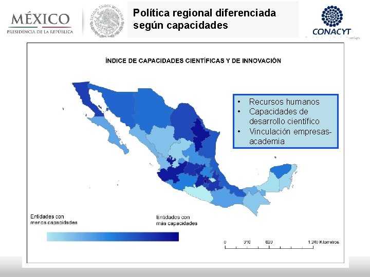 Política regional diferenciada según capacidades • • • Recursos humanos Capacidades de desarrollo científico