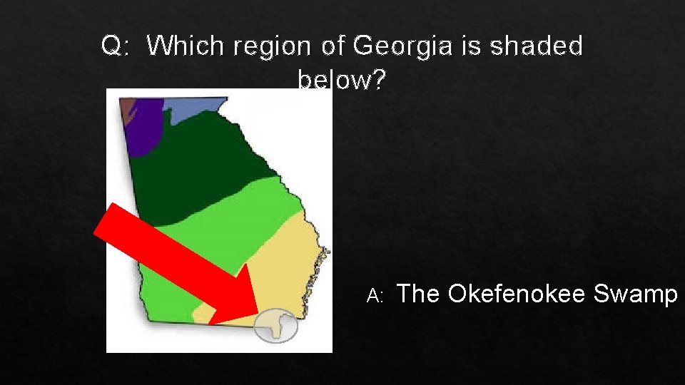 Q: Which region of Georgia is shaded below? A: The Okefenokee Swamp 