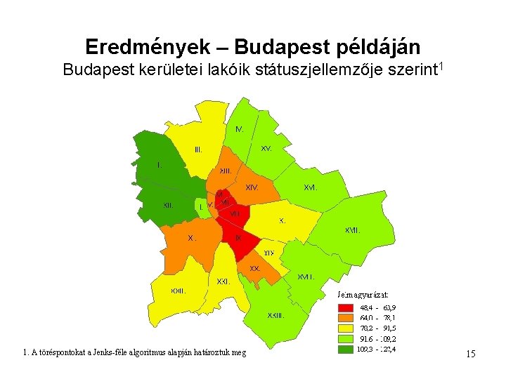 Eredmények – Budapest példáján Budapest kerületei lakóik státuszjellemzője szerint 1 1. A töréspontokat a