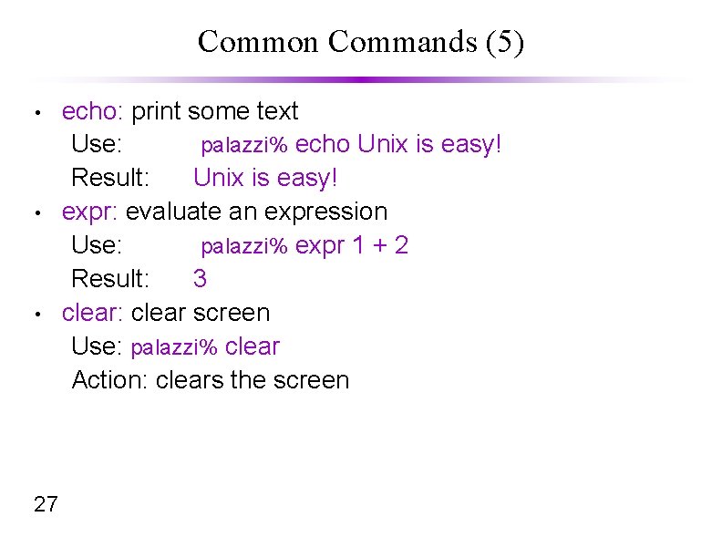 Common Commands (5) • • • 27 echo: print some text Use: palazzi% echo
