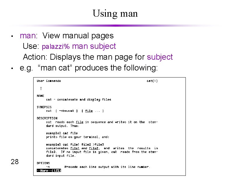 Using man • • 28 man: View manual pages Use: palazzi% man subject Action:
