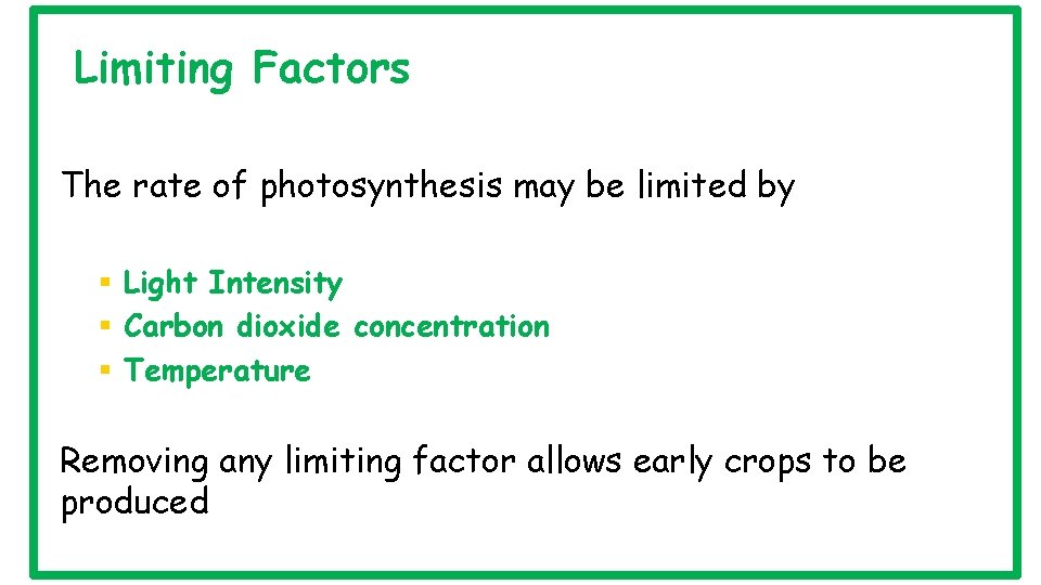 Limiting Factors The rate of photosynthesis may be limited by § Light Intensity §