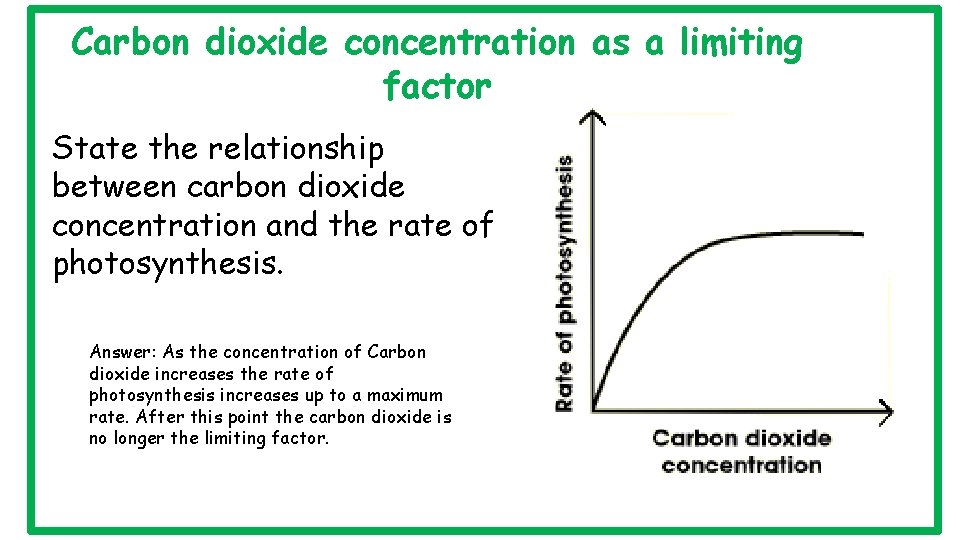 Carbon dioxide concentration as a limiting factor State the relationship between carbon dioxide concentration