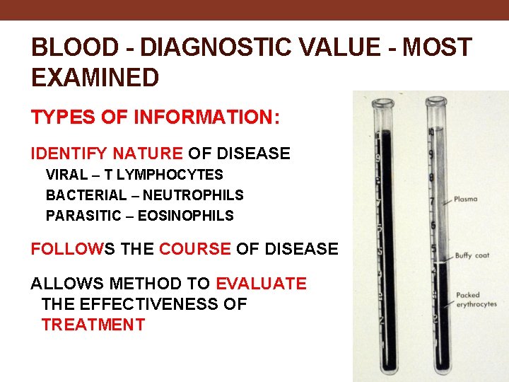 BLOOD - DIAGNOSTIC VALUE - MOST EXAMINED TYPES OF INFORMATION: IDENTIFY NATURE OF DISEASE