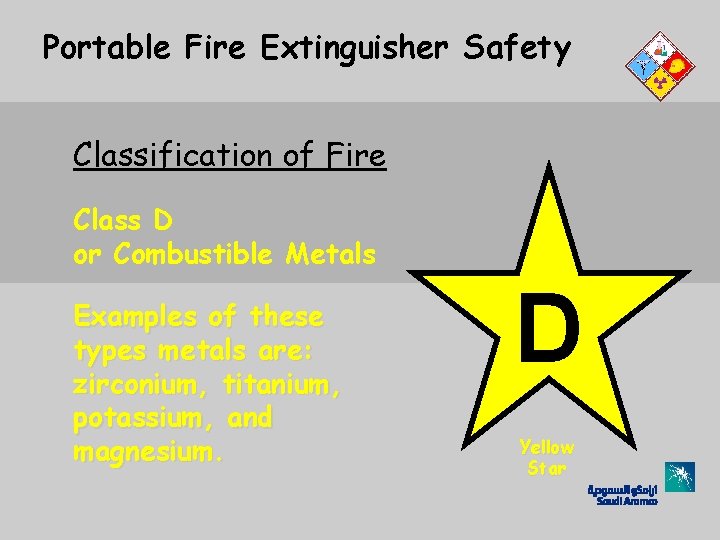 Portable Fire Extinguisher Safety Classification of Fire Class D or Combustible Metals Examples of