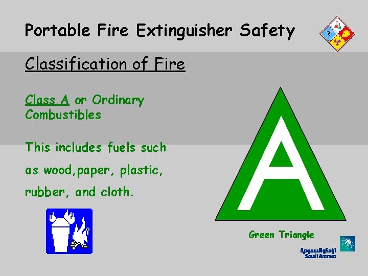 Portable Fire Extinguisher Safety Classification of Fire Class A or Ordinary Combustibles This includes