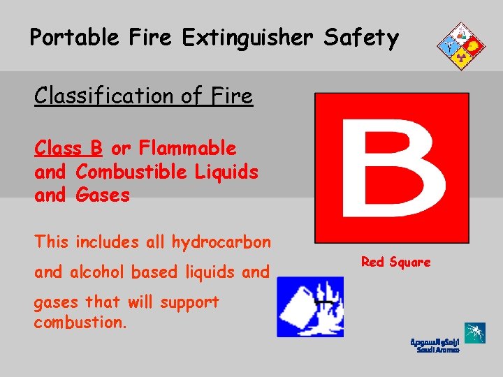 Portable Fire Extinguisher Safety Classification of Fire Class B or Flammable and Combustible Liquids