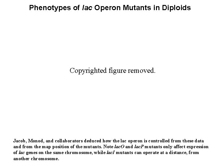 Phenotypes of lac Operon Mutants in Diploids Copyrighted figure removed. Jacob, Monod, and collaborators