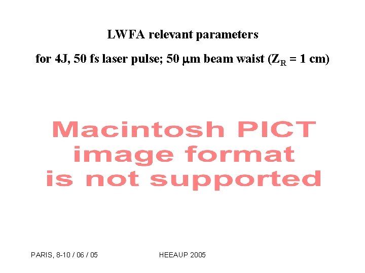 LWFA relevant parameters for 4 J, 50 fs laser pulse; 50 m beam waist