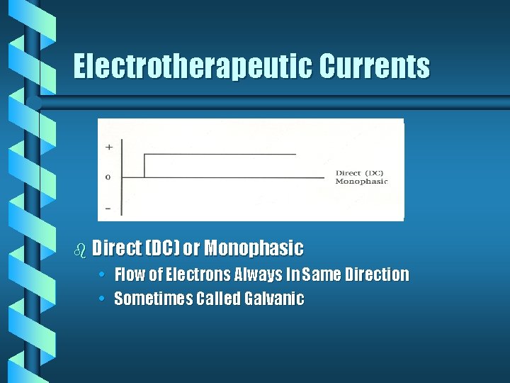 Electrotherapeutic Currents b Direct (DC) or Monophasic • Flow of Electrons Always In Same Electrotherapeutic Currents b Direct (DC) or Monophasic • Flow of Electrons Always In Same