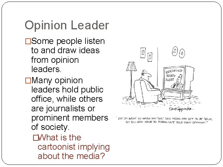 Opinion Leader �Some people listen to and draw ideas from opinion leaders. �Many opinion