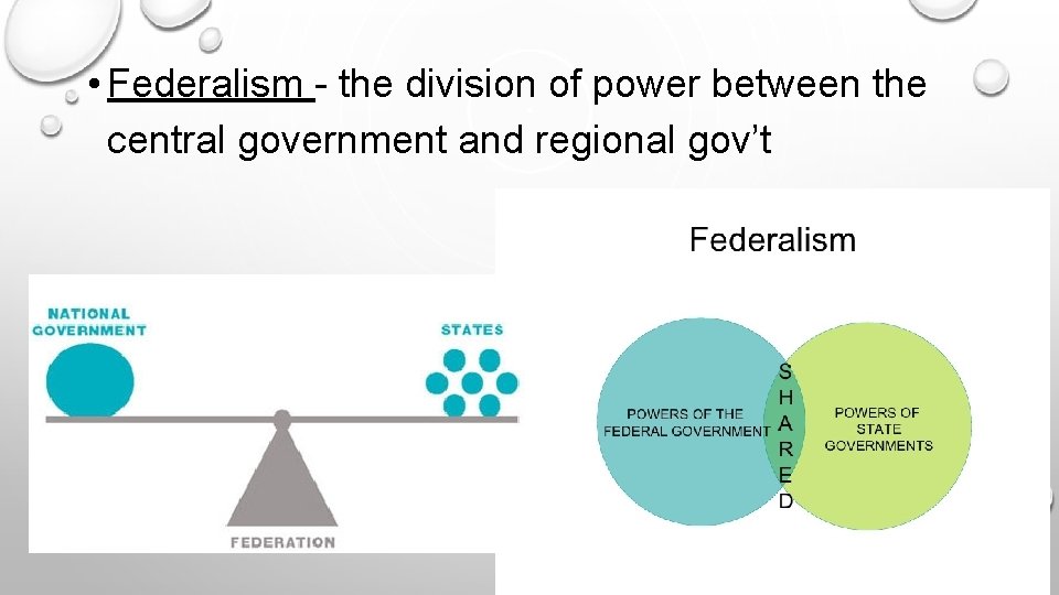  • Federalism - the division of power between the central government and regional