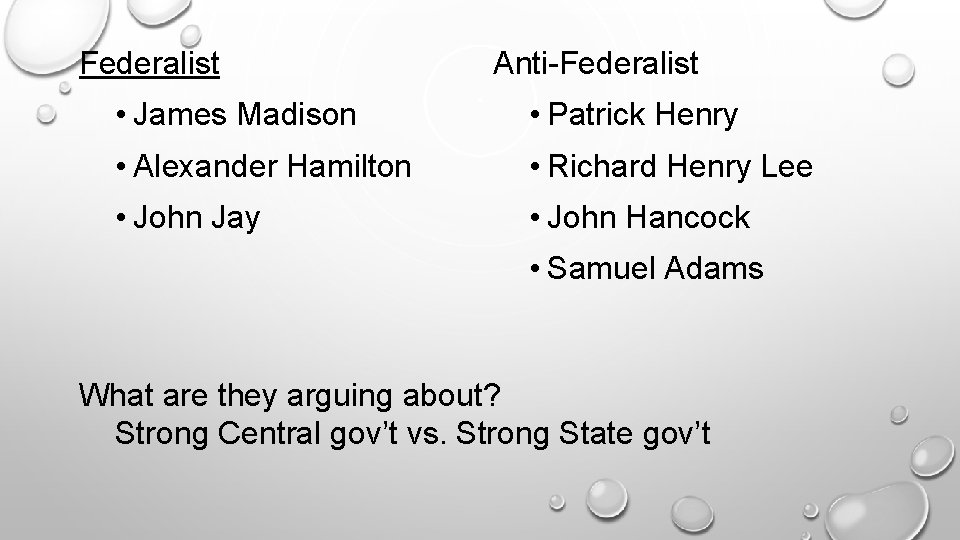 Federalist Anti-Federalist • James Madison • Patrick Henry • Alexander Hamilton • Richard Henry